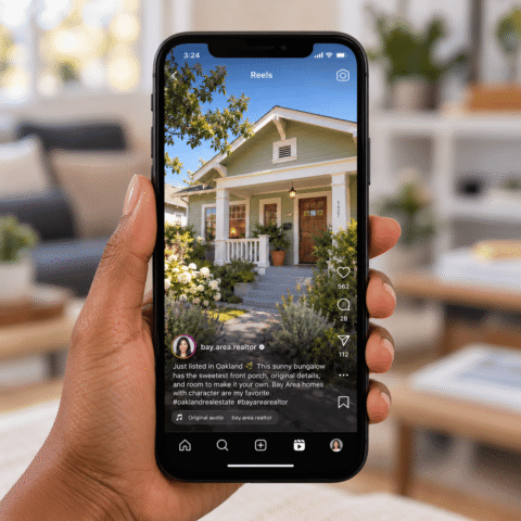 Someone holds an iPhone displaying an Instagram Reel of a sage-green Oakland bungalow, posted by the account bay.area.realtor.