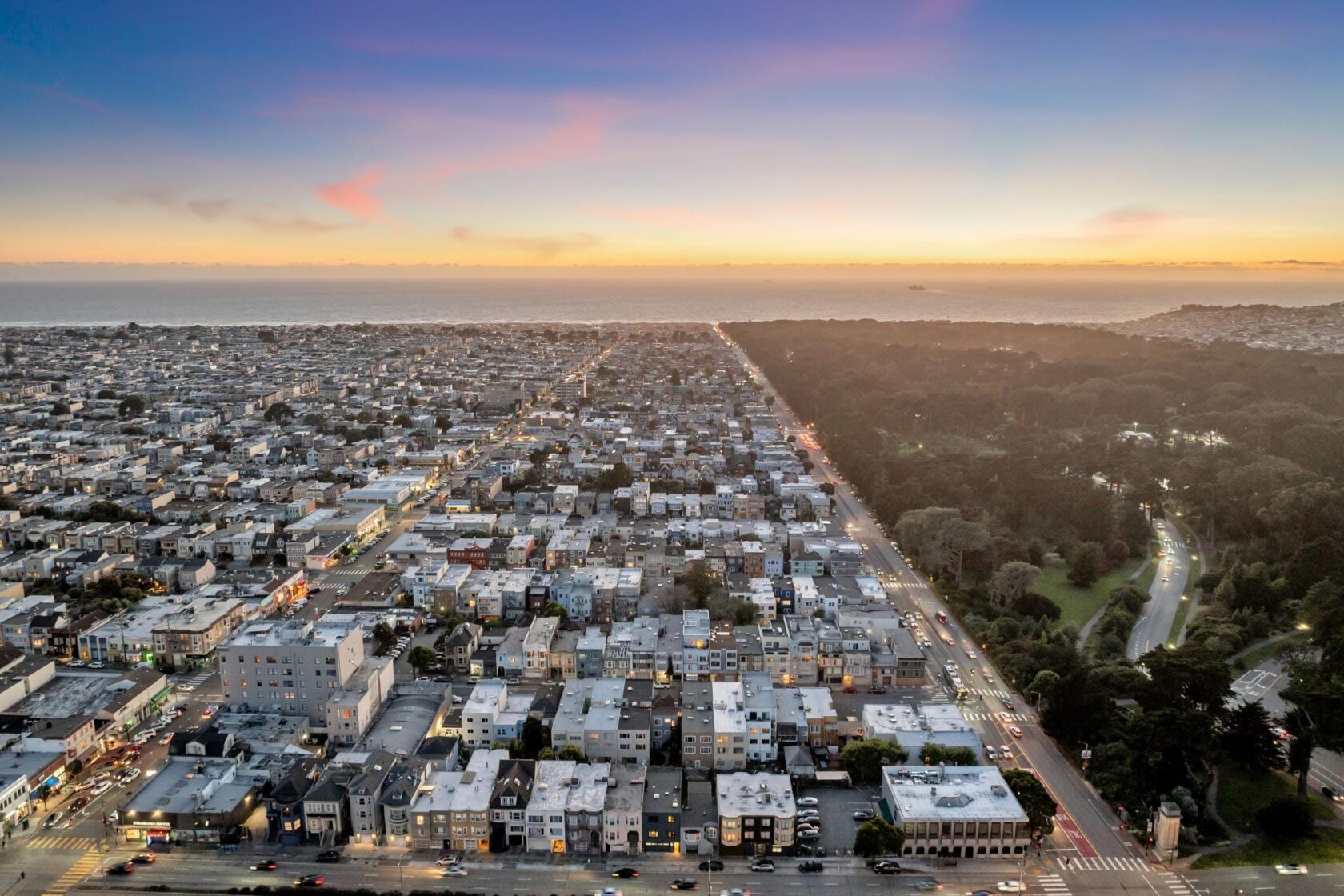 An aerial view at dusk of a property at 1239 19th Avenue, San Francisco
