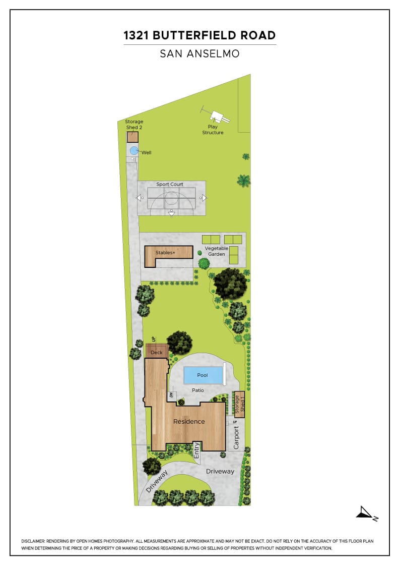 Color site plan for a residential property at 1321 Butterfield Road in San Anselmo, created by Open Homes