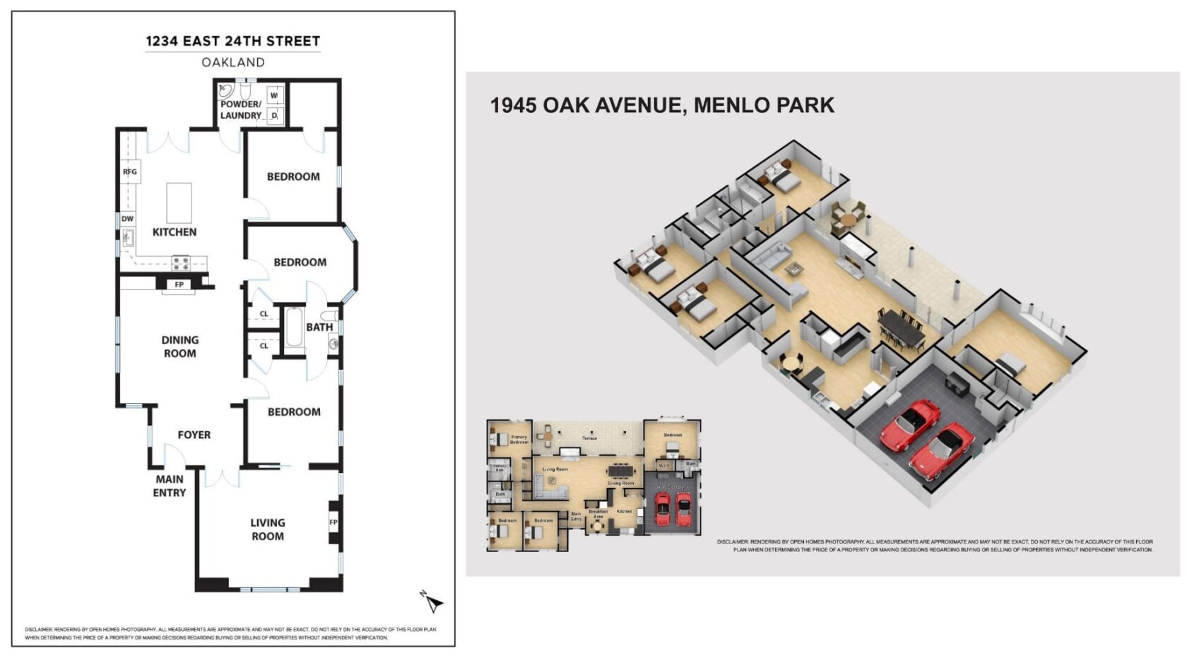Alt text: "Two Open Homes Matterport floor plans side by side — a 2D plan for 1234 East 24th Street in Oakland and a 3D plan for 1945 Oak Avenue in Menlo Park