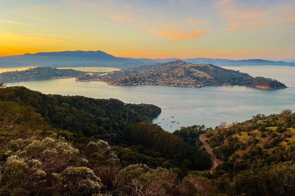 Aerial sunset view of the Tiburon Peninsula and Belvedere from Mt. Tamalpais, with Richardson Bay and Marin hills in the background