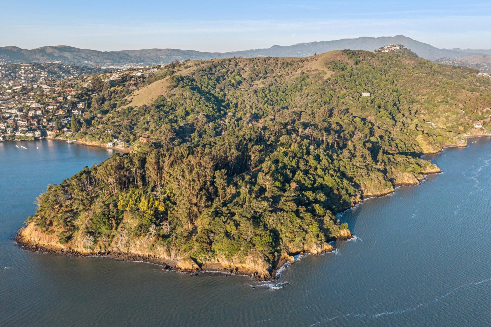 Wide aerial photograph of the 2800 Paradise Drive peninsula in Tiburon, showing a forested coastline jutting into the San Francisco Bay with the Marin hills in the background.