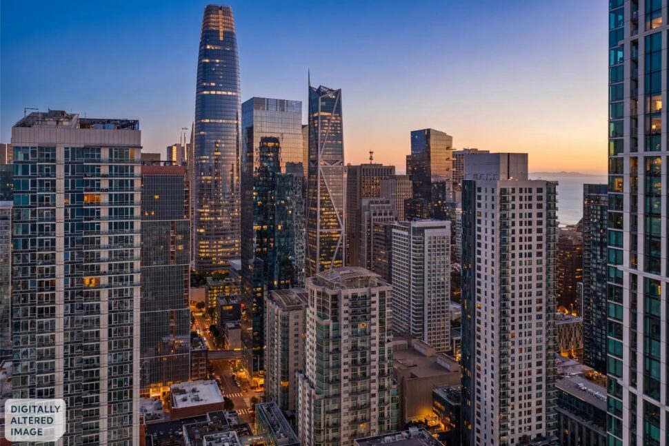 Virtual Twilight view of San Francisco skyline from 333 1st Street unit N706 with city lights and orange sunset sky