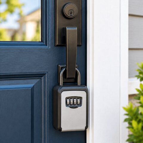Combination lockbox hanging from a front door handle for independent property access during a Go Anytime appointment.