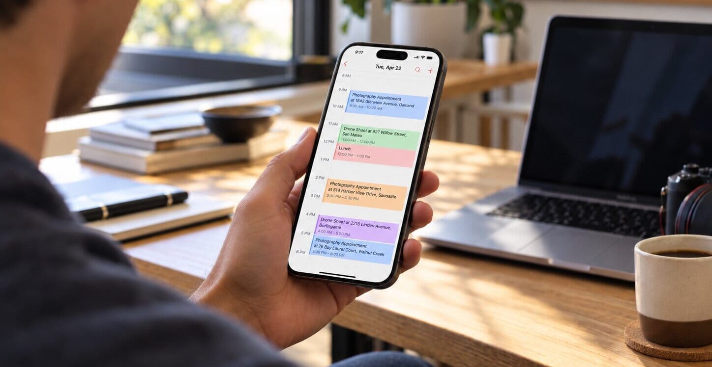 Real estate photographer holding an iPhone showing a full day of photography and drone appointments across the Bay Area.