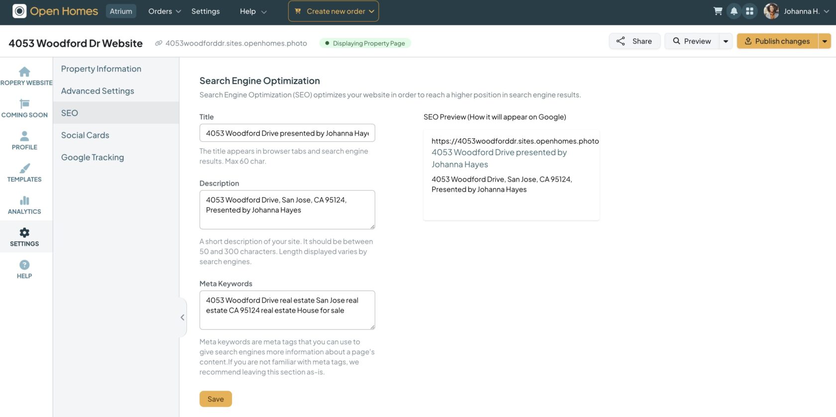 A screenshot of the SEO settings page in the Open Homes website editor 