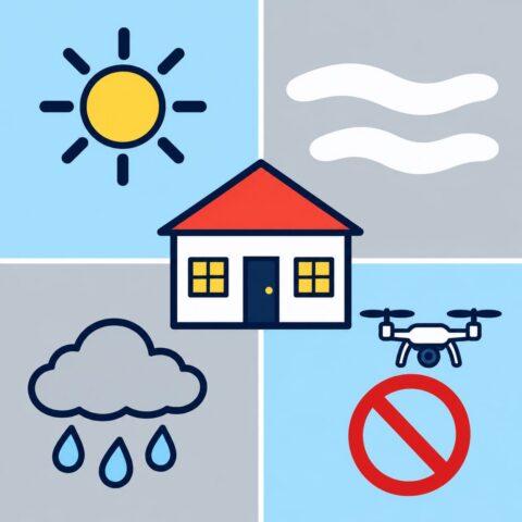Illustrated house surrounded by icons representing sunlight, fog, rain, and restricted drone airspace.