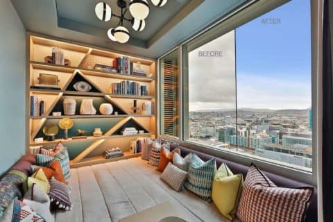 Room with window showing original overcast sky and Blue Window Replacement