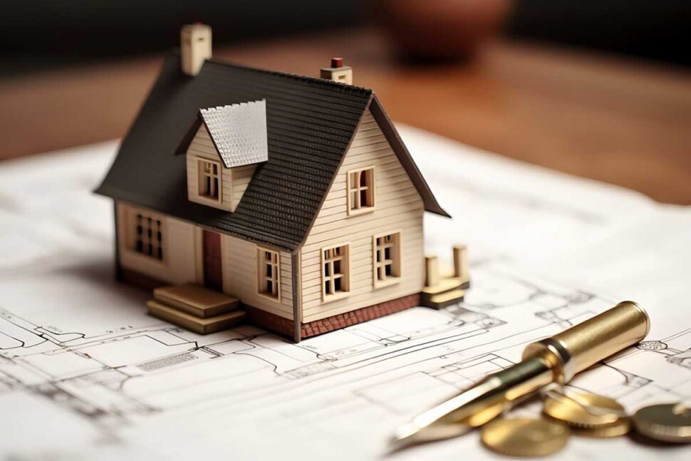 A small model of a house on top of architectural drawings