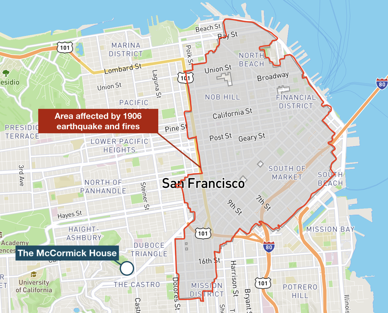 Map of San Francisco showing the area destroyed by the 1906 earthquake and fires outlined in red, with a white circle with a blue outline marking the McCormick House in the Castro — just outside the destruction boundary.