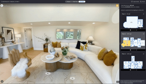 Zillow 3D Home panorama of a staged living room with a floor selector for three levels at right.