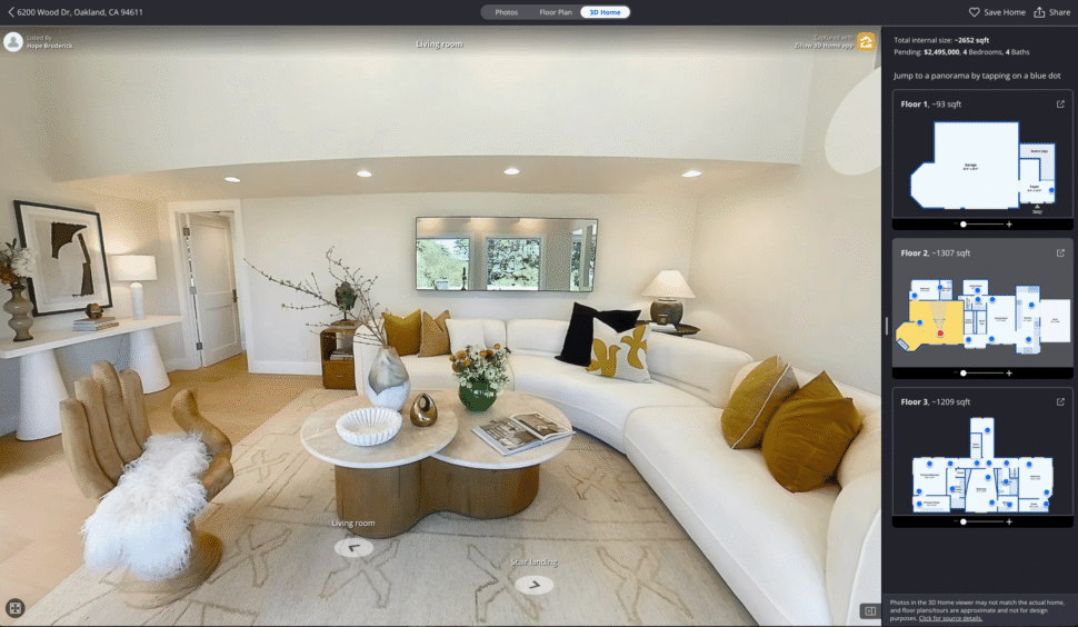 Zillow 3D Home panorama of a staged living room with a floor selector for three levels at right.