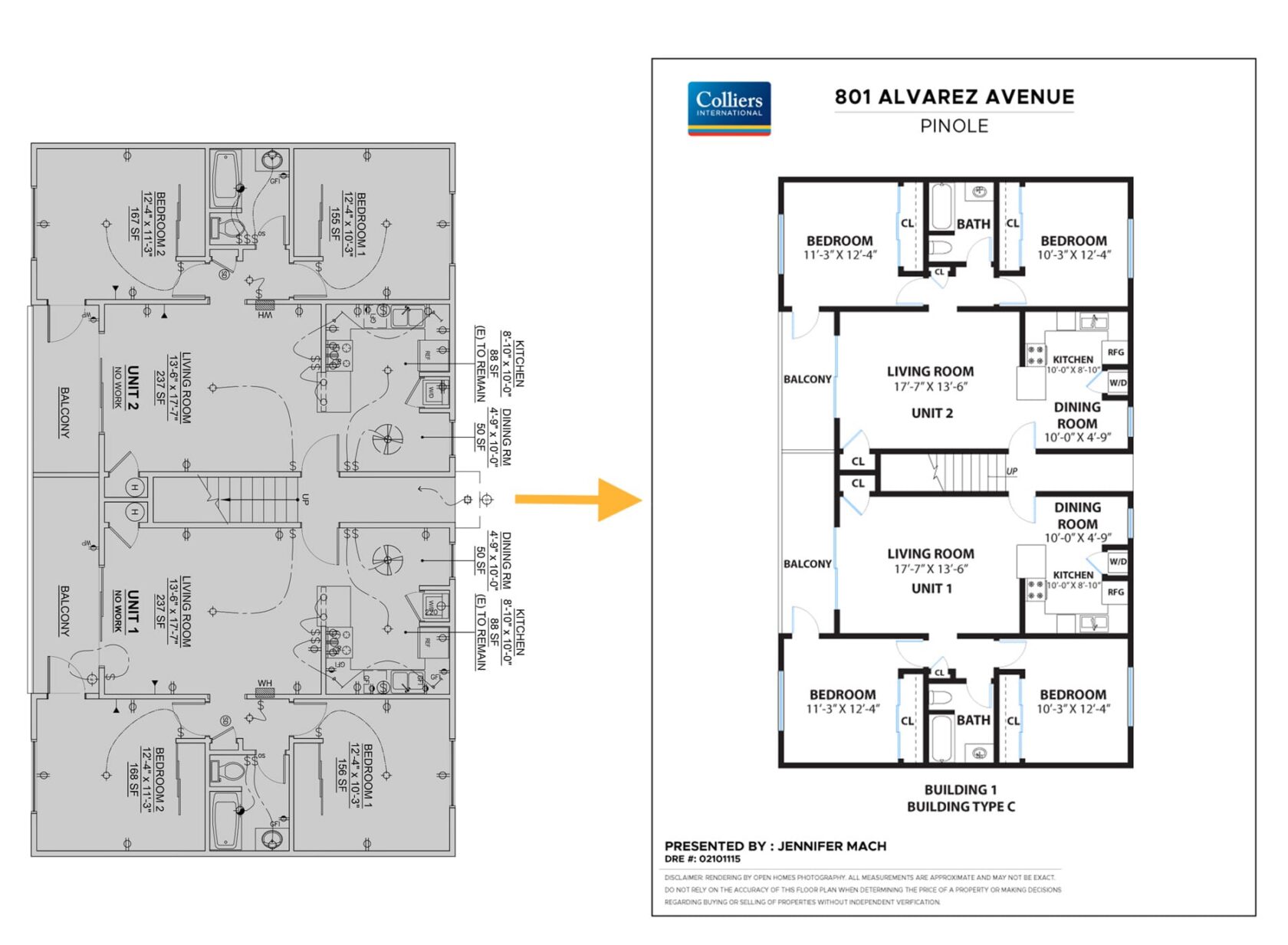 Alt text: "Side-by-side comparison of an original architectural floor plan redrawn into a clean, modern real estate floor plan