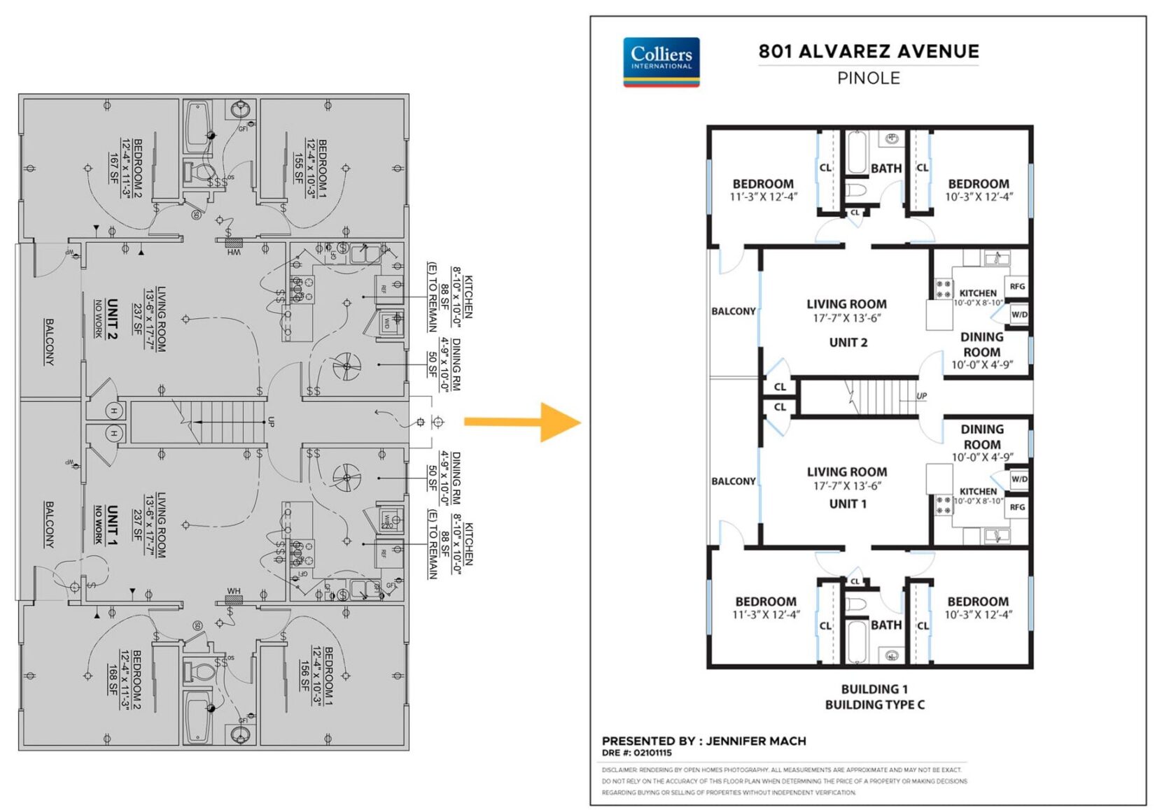 Before-and-after example of the Open Homes Floor Plan Redraw service, which converts an existing blueprint or another company’s floor plan into a clean, polished plan for real estate marketing.