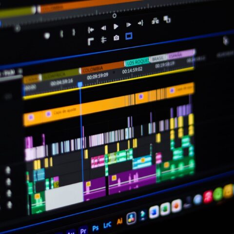 Close-up of a video editing timeline with multiple video, audio, and adjustment layers.