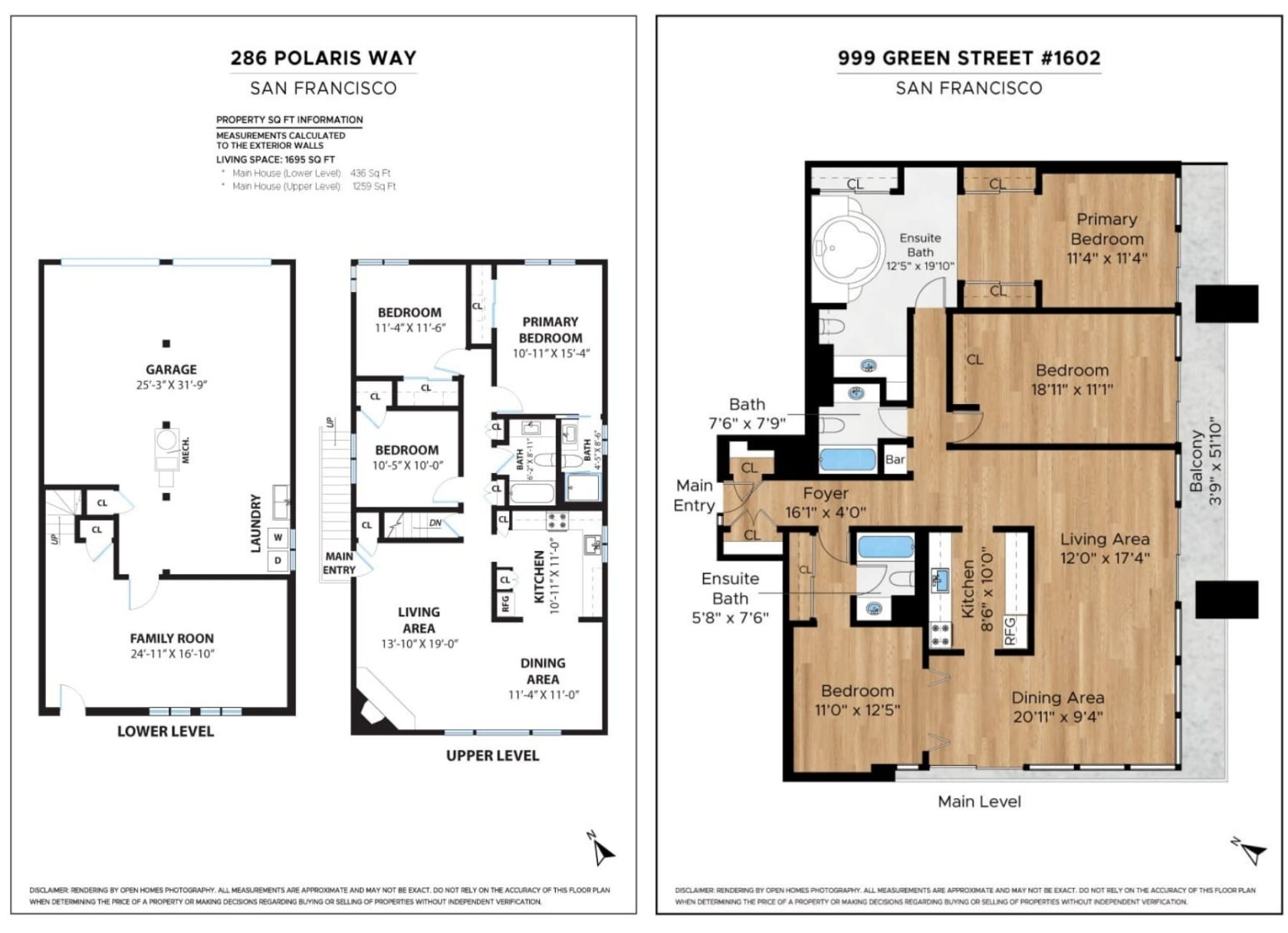 "Two Open Homes Professional Floor Plans side by side — 286 Polaris Way with square footage calculations and 999 Green Street with a Color upgrade, both in San Francisco