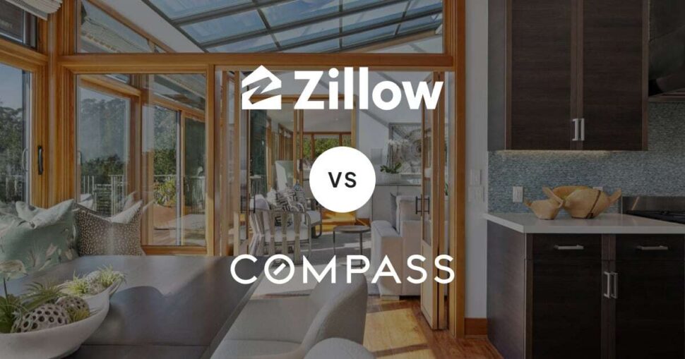 Graphic comparing Zillow and Compass real estate platforms, overlaid on a bright, modern home interior with large glass doors and an open floor plan.